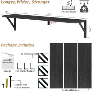 Floating Shelves 36 Inches Long 8 in Deep Set of 3, Large Wall Shelf for Bedroom Books, Heavy Duty Wide Wall Shelving for Closet Organizers and Storage, Living Room, Library (Black)