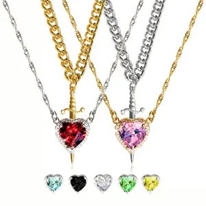 2PCS New Sword and Heart Necklace, Knight & Princesses King & Queen Heart & Sword Love Guardian Multiple Color Copper Zirconia Arrow Core Collar Chain Best Gift for Love Firendship Co-Worker Infinity Love Suitable for Boyfriend and Girlfriend, Couple Gift