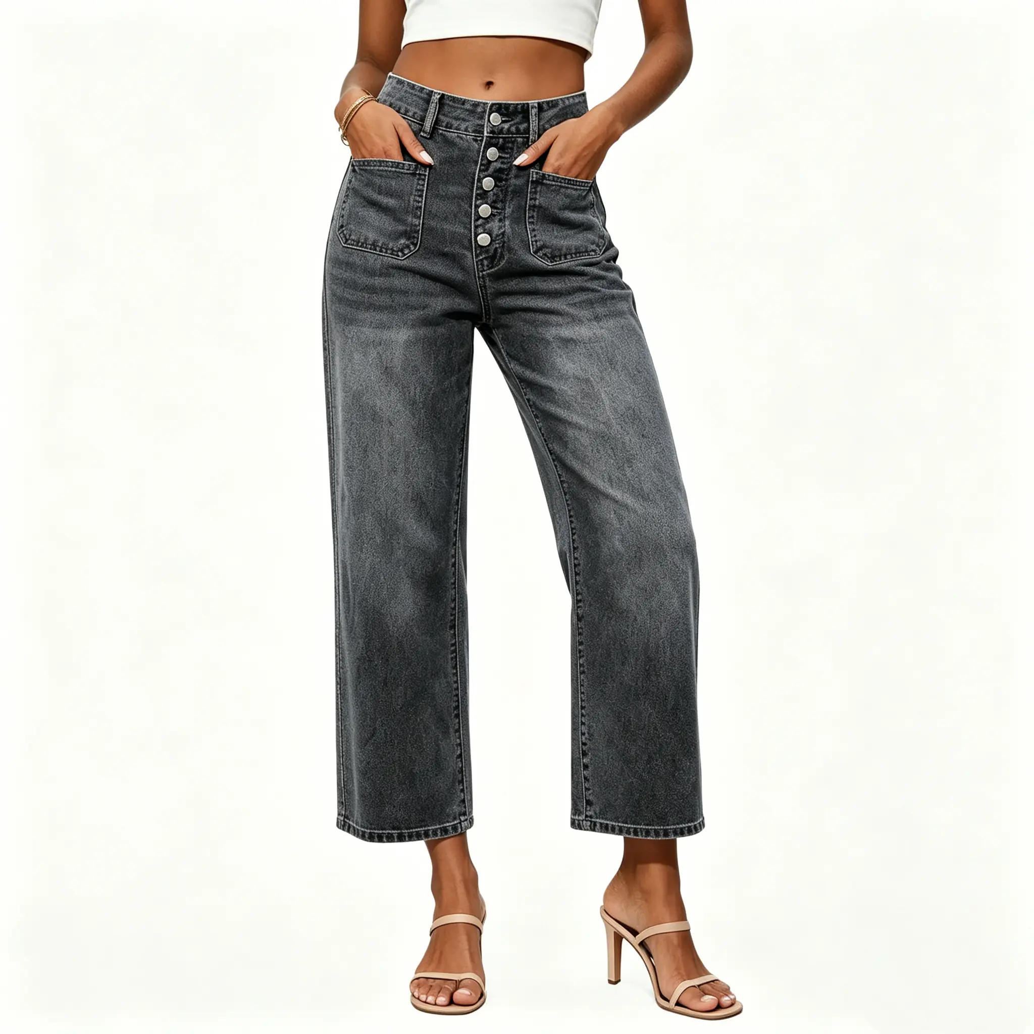 Women High Waisted TrendyPatch Pocket Casual Vintage Long Stretchy Casual Loose-Fit Denim Jeans Womenswear