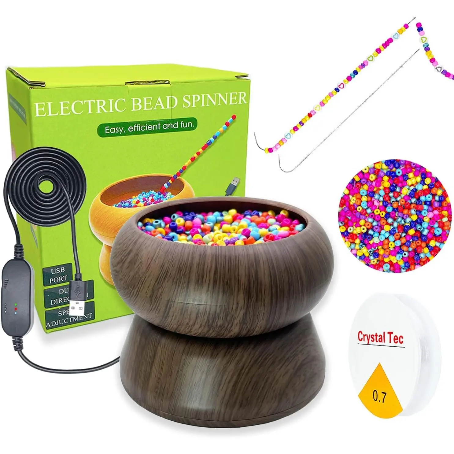 Electric Bead Spinner - Bead Spinner with 2 count Beading  and Seed Beads,  Beads Kit, Bead Spinner for  Making, Electric | Speed Adjustment Bead Spinner Kit (Black Walnut)