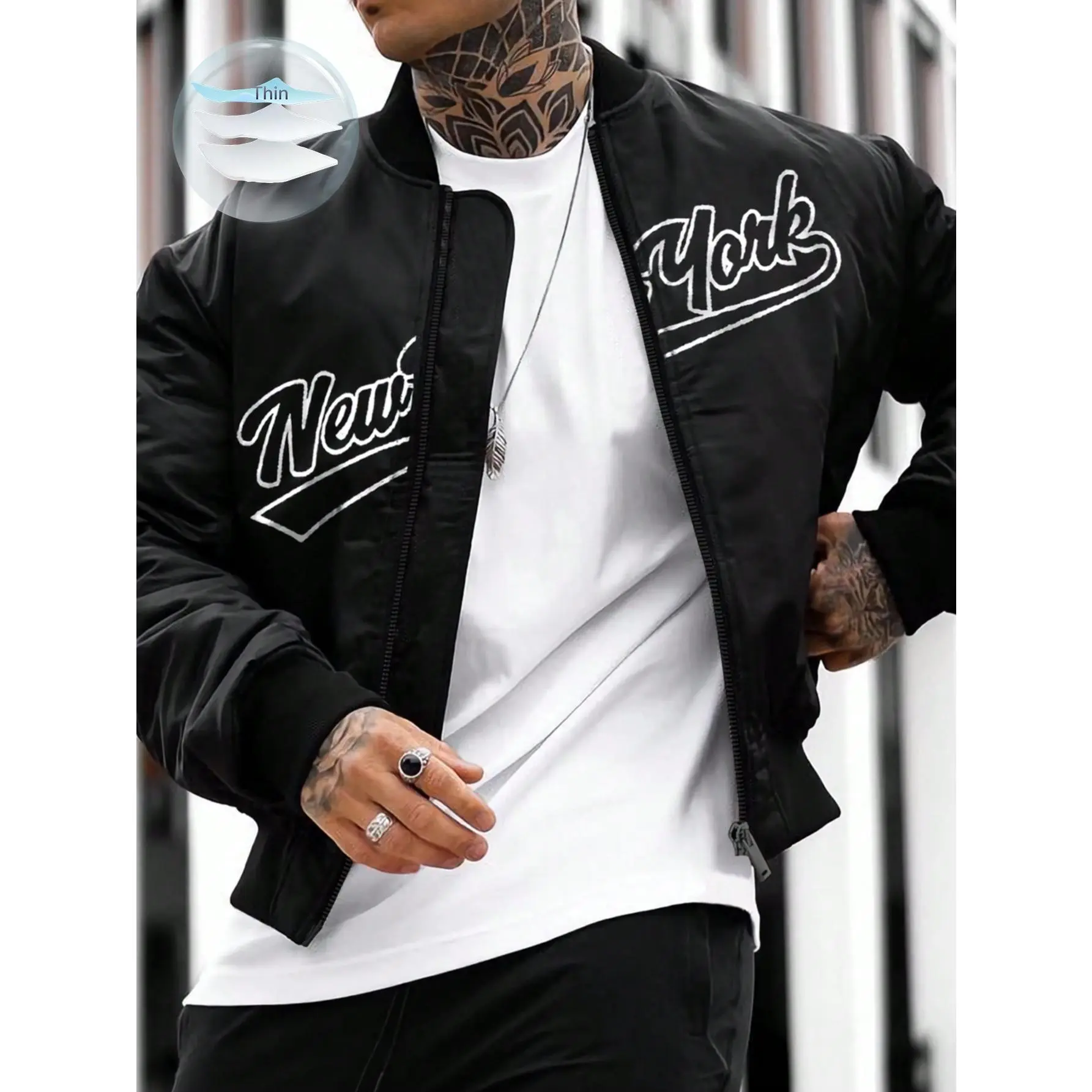 Men's Stylish Letter-Printed Long-Sleeve Baseball Bomber Jacket - Soft Polyester Zip-Up Outerwear, Casual Fabric Top for Joggers, Available in XL, Zip-Up Front