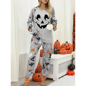 2026 New Year Valentine’s Day Women’s Halloween Pajama Set – Ghost & Pumpkin Print Long Sleeve Top + Elastic Waist Pants, Cozy Holiday Loungewear