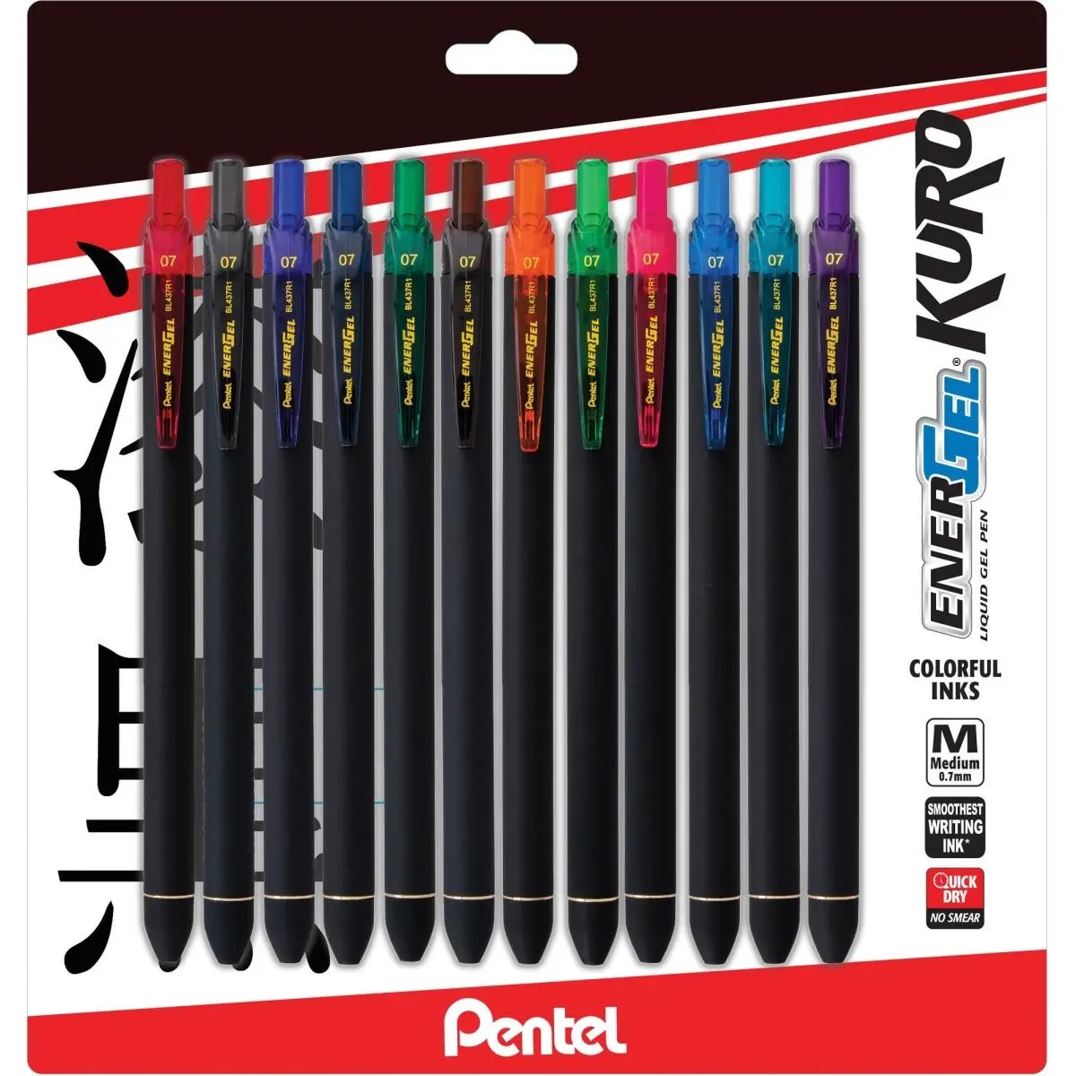 Pentel EnerGel Kuro Retractable Fine Point Pens Set - 0.7mm Point, Right-Handed, Latex-Free Quick-Drying Ink, Rubberized Barrel, Assorted Colors, Boxed Pack Pens & Refills, 12-Count