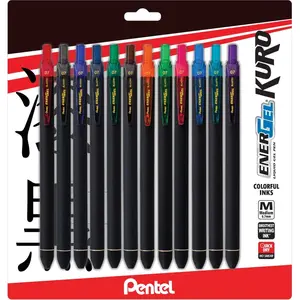 Pentel EnerGel Kuro Retractable Liquid Gel Colored Pens Set - 0.7mm Point, Latex-Free Quick-Dry Assorted Ink, Rubberized Barrel, Pack of 12