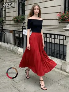 Elegant Pleated Maxi Skirt, Satin High Waist A-Line Skirt with Belt, Long Fitted Skirt, More Colors Optional