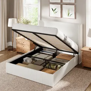 HOOMIC Full/Queen/King Size Lift Up Storage Bed Frame with Hydraulic Gas Lift, Corduroy Upholstered Platform Bed with Wingback Headboard, Underbed Storage, No Box Spring Needed, White/Black/Grey