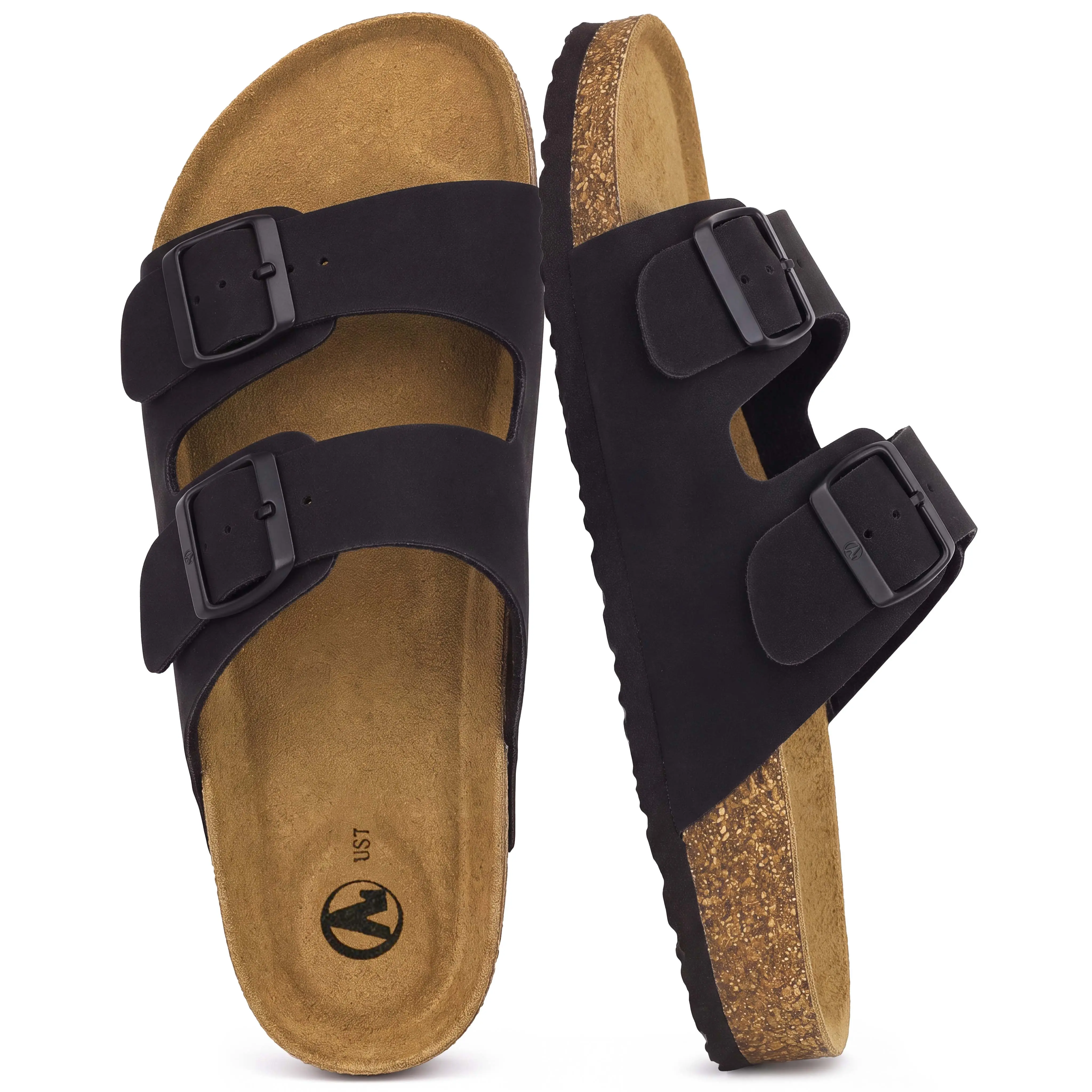 Women's Double Buckle Flat Sandals, Comfortable Slides with Supportive Cork Footbed for Casual Summer Walking, Walking Shoes, Buckle Strap Slides, Casual Comfy Sandals, Sandals Women