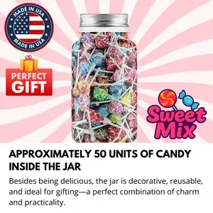 SweetMix Lollipop Jar – 32oz Decorative Glass Jar with Assorted Flavors – Individually Wrapped Candy – Perfect Gift & Party Treats