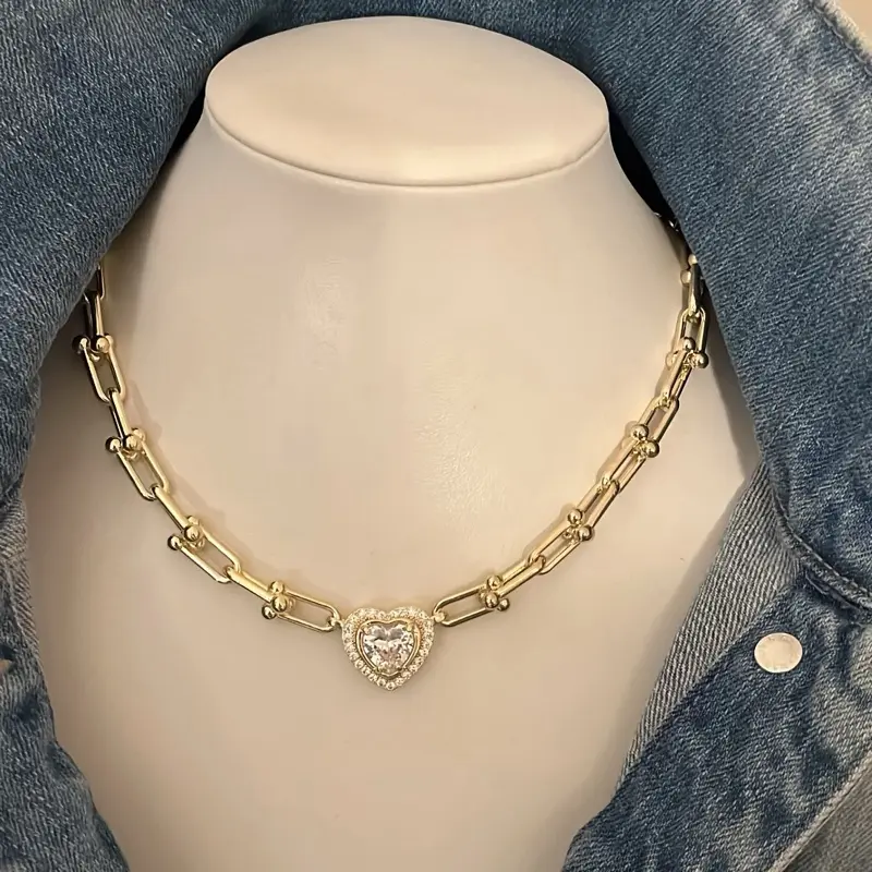 Samantha Heart Necklace 14k Gold Plated Horsebit Link CZ Heart Necklace and Bracelet for Women's Fashion Jewelry Set