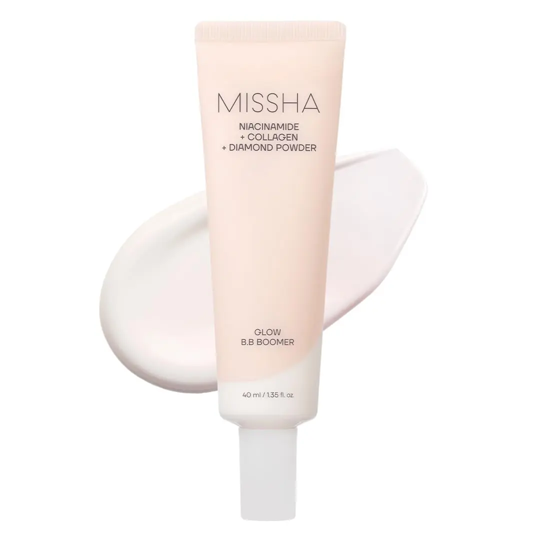 MISSHA M BB Boomer Face Primer, Korean Dewy Glow Makeup Base 1.35 oz | Prep cream with pink pearl and diamond powder; helps foundation apply smoothly with a radiant, soft-focus finish.