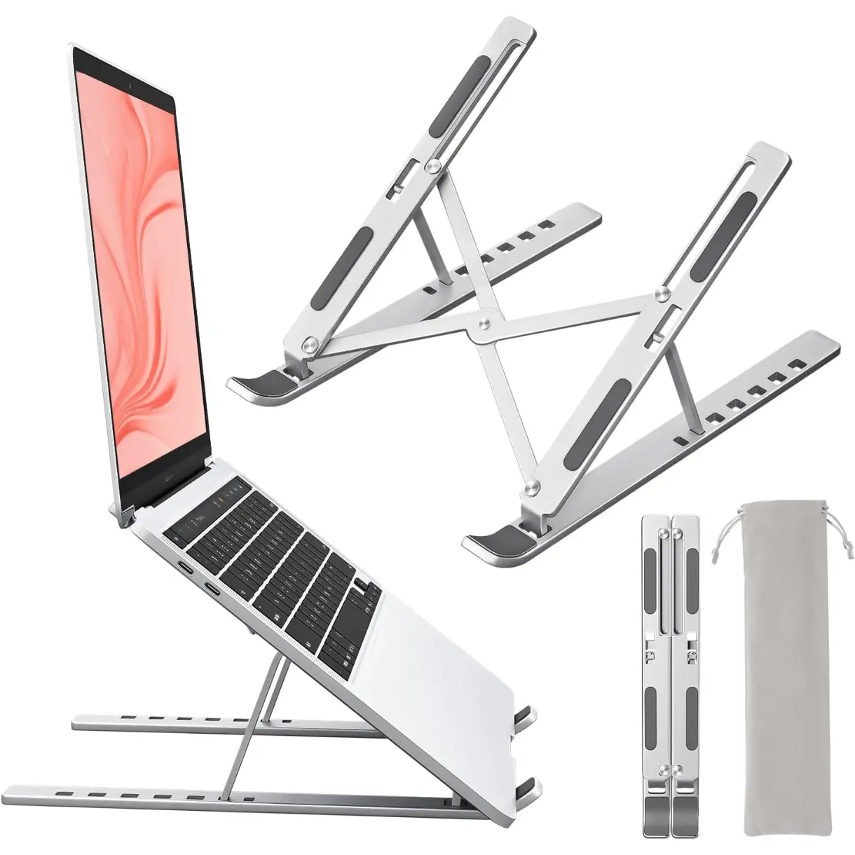Laptop Stand for Desk, Aluminum Metal MacBook Stand，Computer Riser for Desk, Portable Foldable Adjustable Notebook Holder, Compatible with 10-15.6 Inch Laptops, iPad, Silver.