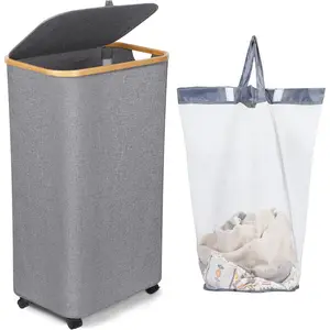 Laundry Cloth Hamper Large Laundry Basket with Lid and Wheels 100L Bamboo Material Portable Foldable Collapsible Adjustable Handle Removable Liner Bag Ideal for Family Use