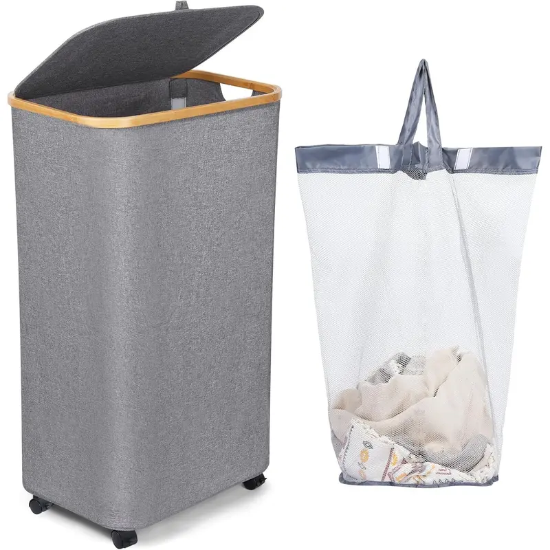 Zhengwanhh09j Classic Rectangular Laundry Hamper Bag, 100L Bamboo Oxford Large Single-Compartment Laundry Basket with Lid, Wheels, Portable Foldable Design & Adjustable Handle (17.4x13x29.5 in), Laundry Hampers