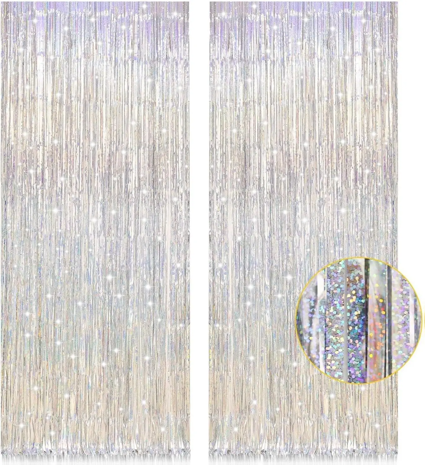 2-Pack Shiny Aluminium Hanging Removable Silver Tinsel Foil Fringe Curtains - 3.2ft x 8.2ft Door Streamers, Photo Booth Backdrops & Banners for Birthday, Wedding Party Decorations
