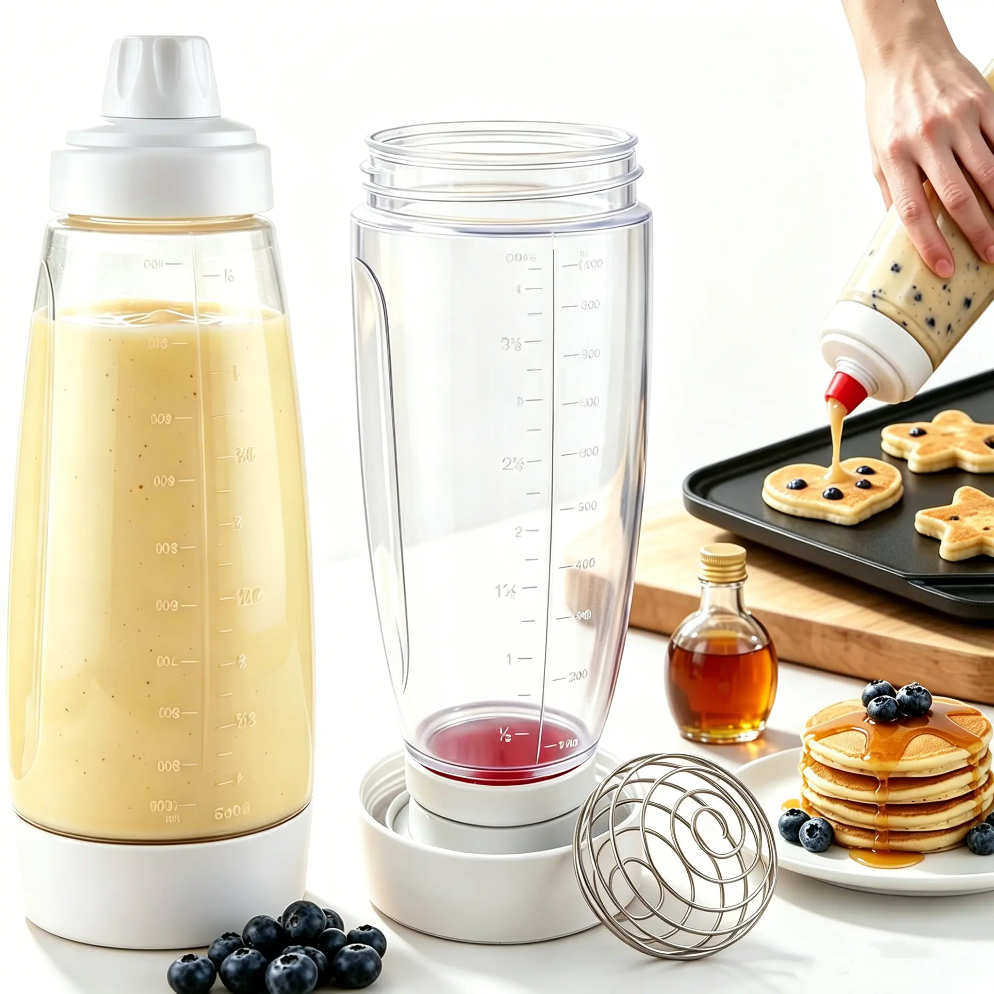 Handheld Pancake Batter Dispenser Mixer with Smooth Metal Blender Balls, 4.5-Cup Wide-Mouth Reusable Silicone-Plastic Bottle, Easy-Pour Spout Squeezer Bakeware for Party Pancakes, Home Kitchen Gadget, Baking Accessories, Food Prep Tool