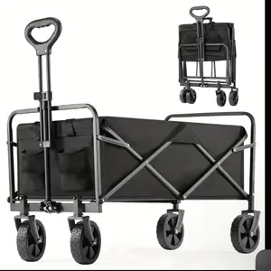 1pc Collapsible Foldable Wagon Cart, 220/330LBS Heavy Duty Utility Garden Cart With All-Terrain Wheels For Beach, Lawn, Sports, Camping, Black, 30" folding