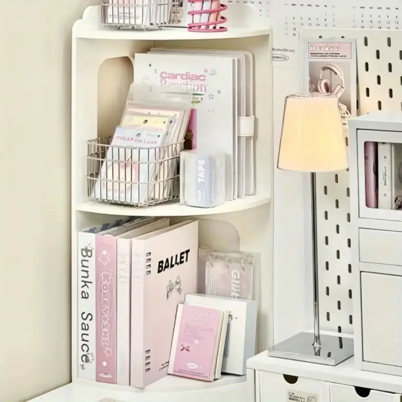 Space-saving three-tier curved corner shelf - White plastic round-edged storage rack for books, cosmetics, office supplies - Compact desktop and home organizer Preferred for Halloween and Christmas gifts Bookshelf