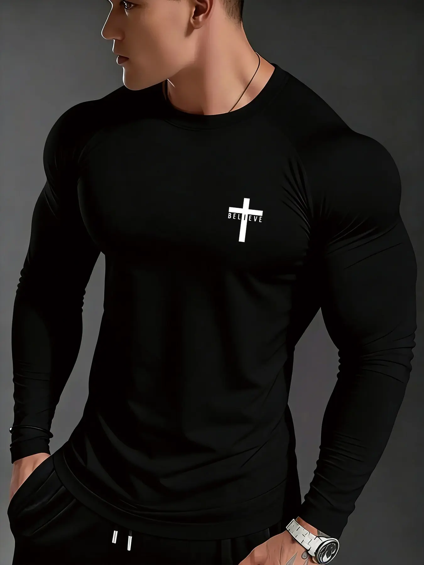 Men's Fitted Long Sleeve Tight Fit Shirt, Believe Cross Mini Tag, Faith Sports Style, High Stretch Breathable Fabric, Gym Training & Daily Wear, Fitness Shirts, Breathable Workout Tops