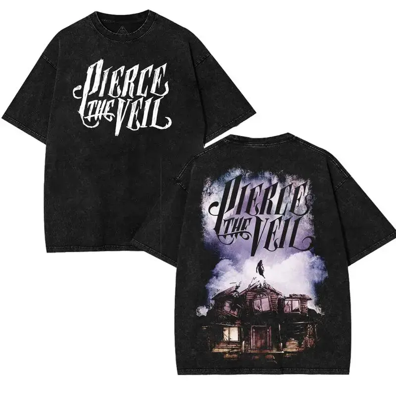 Men's Retro Limited Pierce The Veil Heavy Metal Oversize Washed Heavyweight Cotton Short-Sleeve T-Shirt - Gothic Punk Streetwear, Casual Clothes, Ideal Fit Gift for Rock Music Lovers, Shortsleeve, Oversized, Piece, Printed, Tshirt