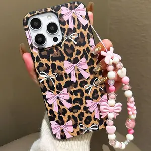 Cute Bow Pattern Phone Case with Beaded Chain, Fashion Phone Protective Case, Phone Accessories Compatible with iPhone 11 12 13 14 15 Pro Max Casing, Cover, Cellphone