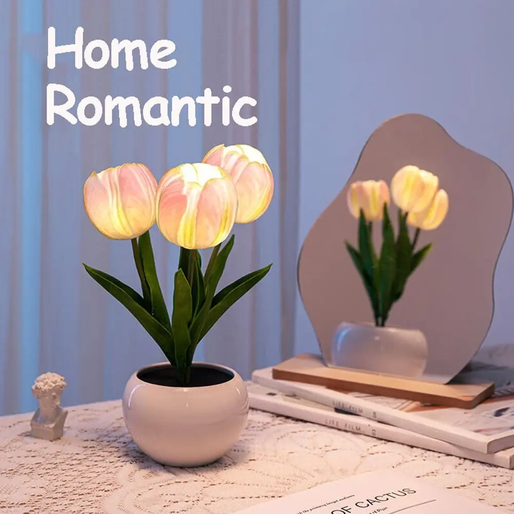 Flower Table Lamp Tulip Desk LED Night Light for Home Living Room Decor Artificial Flower with Vase Table Centerpieces for Birthday Holiday Party Wedding Room Decoration (Pink) fairy Floral Lamp