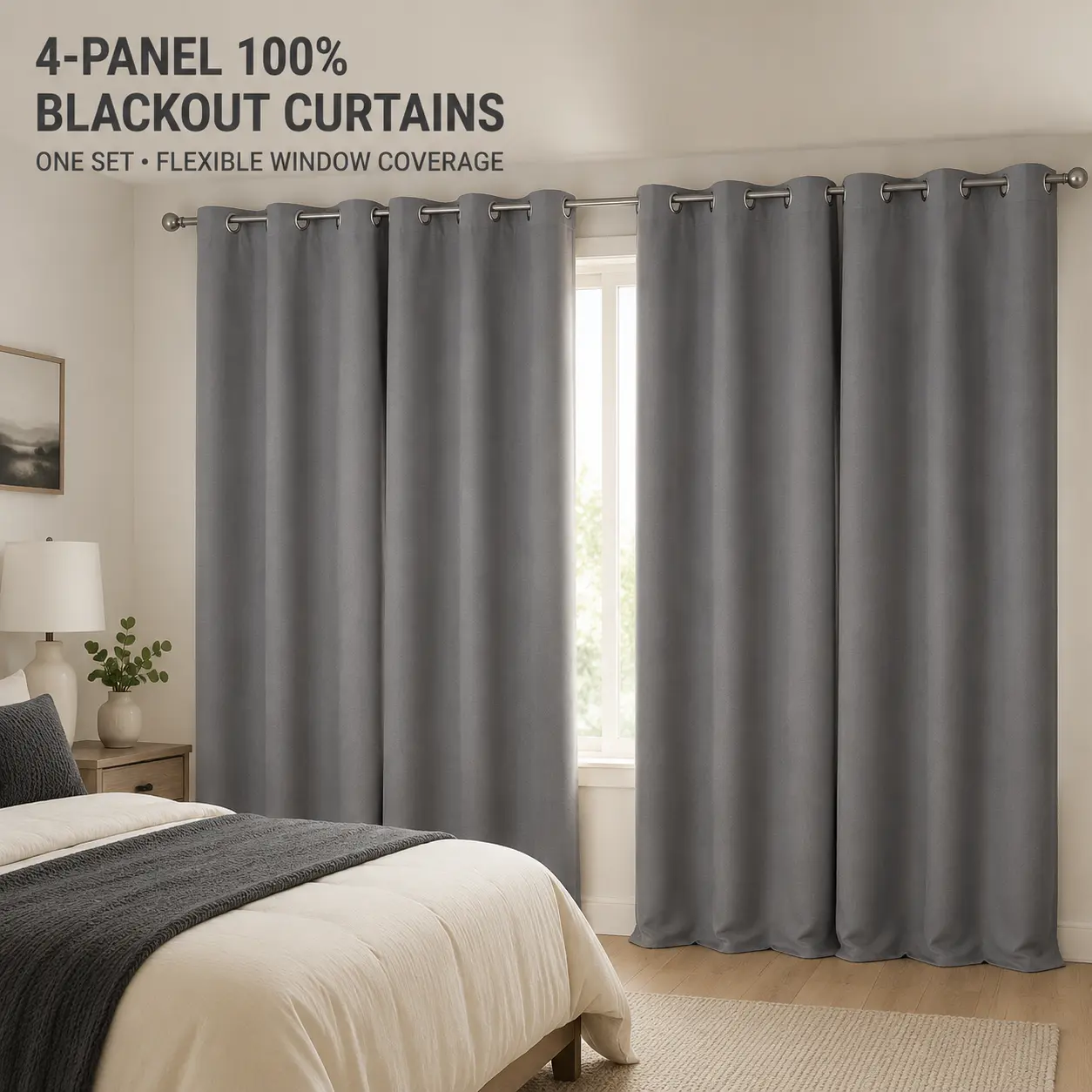 100% Blackout 4-Panel Curtain Set with Black Inner Lining, Lightweight Silver Grommet Window Drapes for Bedroom, Living Room, Multiple Colors & Sizes, Privacy Household Textiles