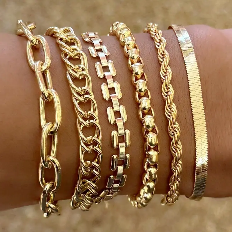 Women's Vintage Cuban Chain Bracelet Set, Stackable Bracelets, Metal Hand Jewelry Gift, Fashionable & Elegant Design, Perfect for Daily Wear & Special Occasions, Link Bracelets, Stacked Bracelets