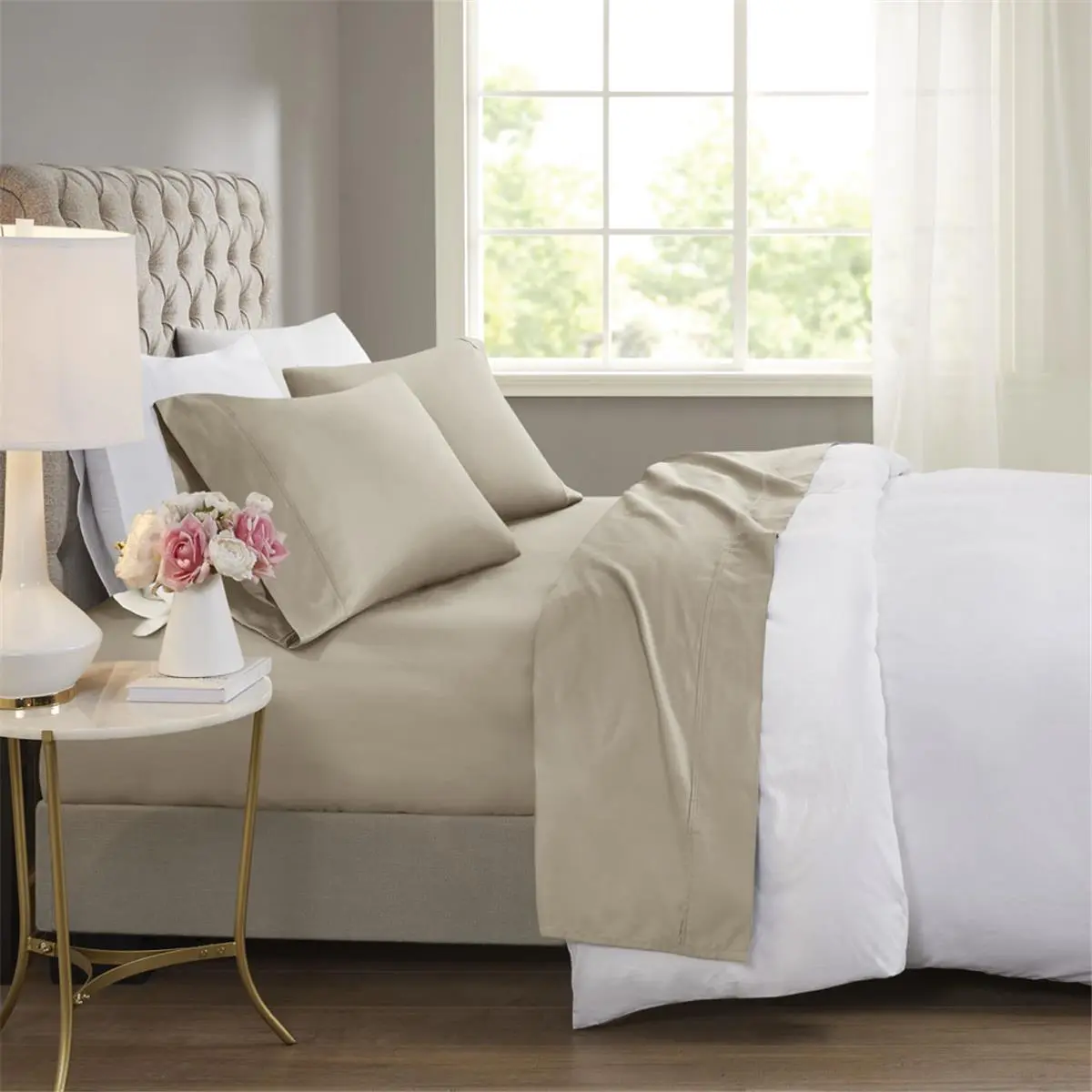 Beautyrest BR20-1913 King Size Khaki Sateen Sheet Sets, 60% Cotton 40% Polyester with Huntsman Cooling Chemical