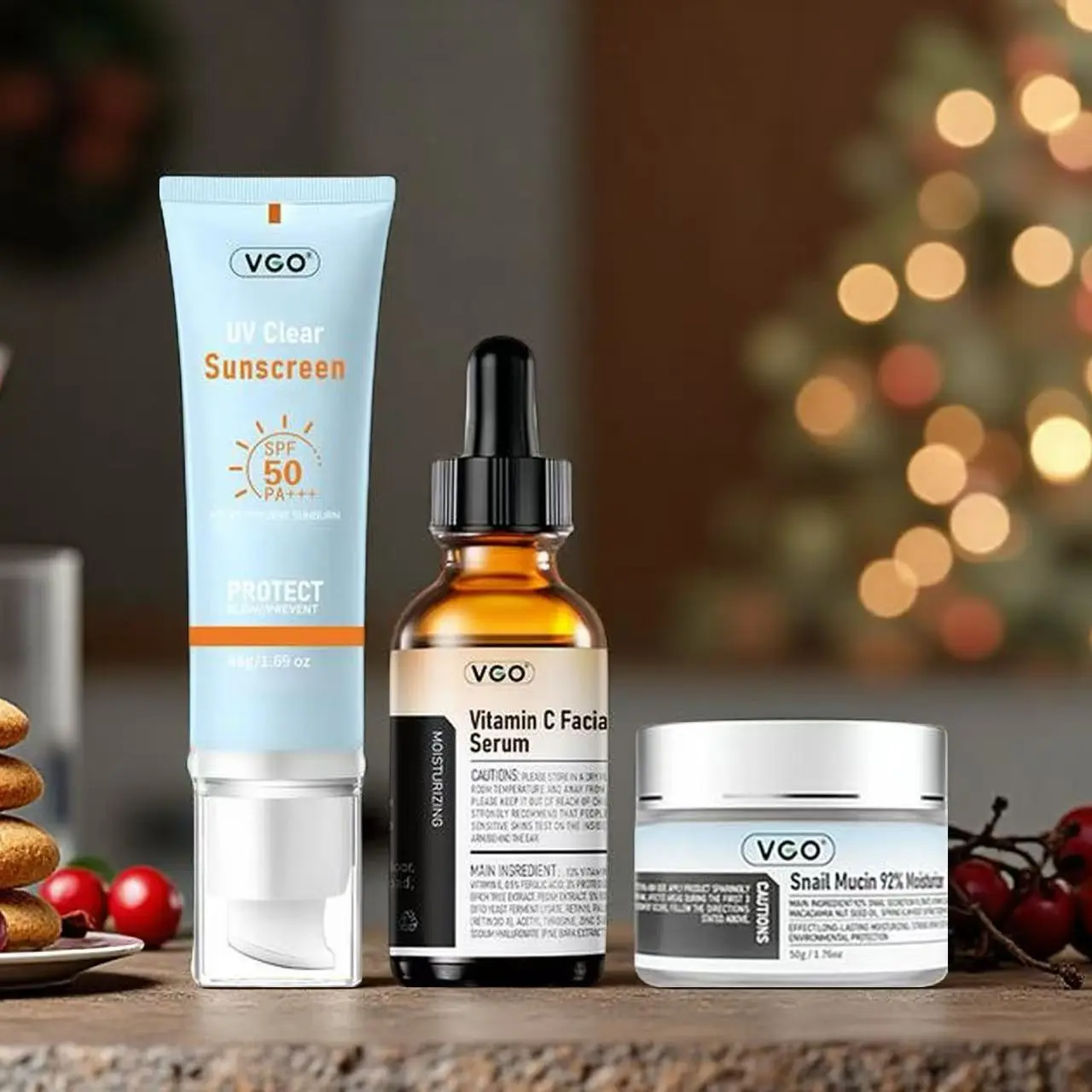 VGO Moisturizing and Sunscreen Three - piece Set：Snail Cream, VC Serum & Sunscreen for All - Around Skin Care