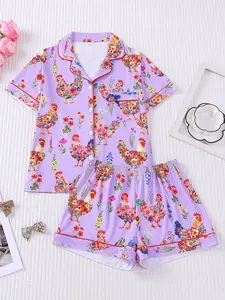 Women's 2-Piece Summer Purple Floral Rooster Print Short Sleeve Pajama Set, Loungewear Pjs Set, Breathable Soft Fabric, Casual Wear for Home & Outings, Casual Comfy Pyjama, Pastel Cute Pajamas