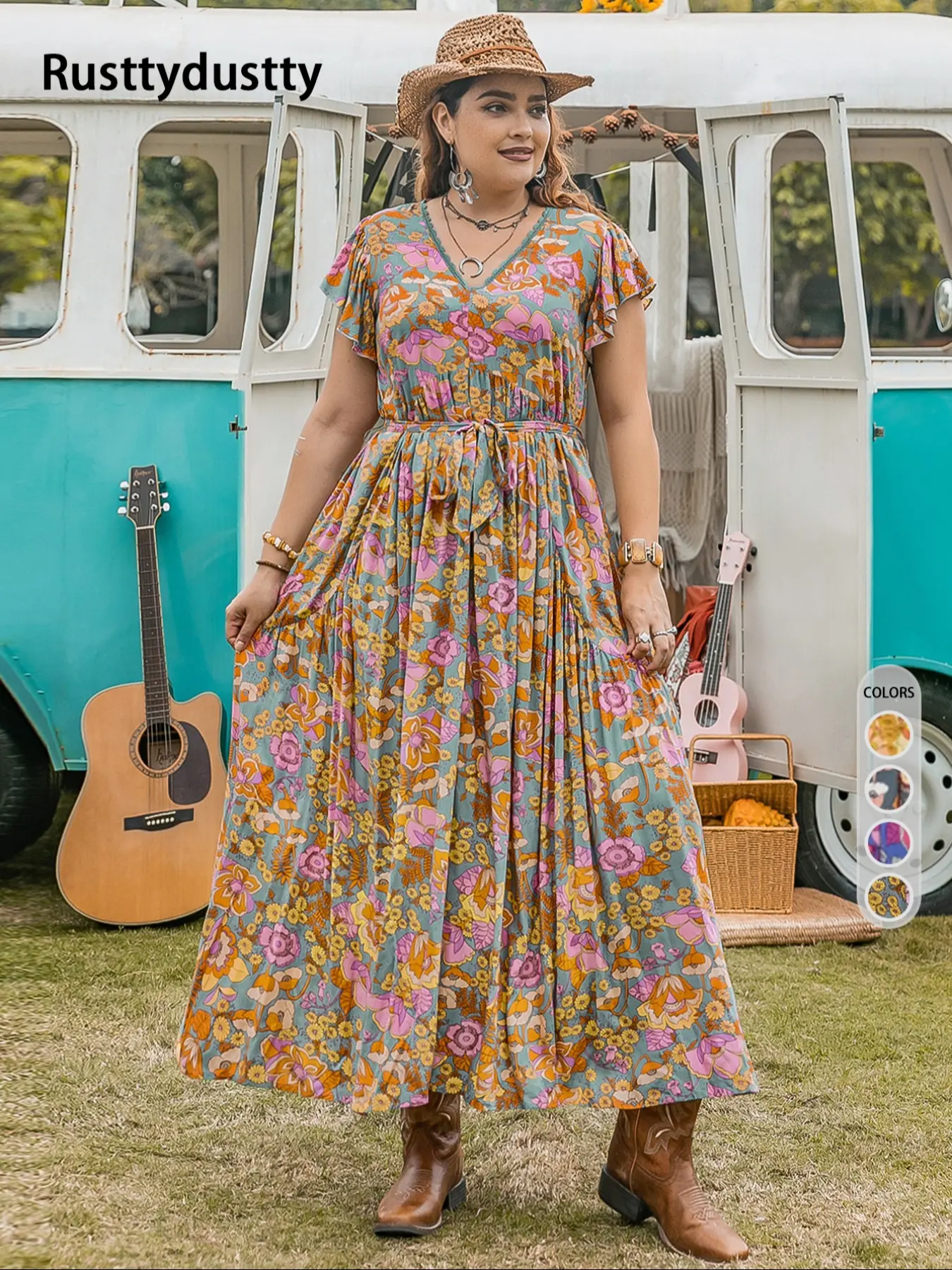 Plus Floral Print Ruffle Hem Belted Butterfly Sleeve A Line Dress, Summer Clothes Women Boho Contrast Lace Dress for Beach Vacation Holiday, Sundress Maxi Dress, Bohemian, Casual Wear, Boho Casual Style