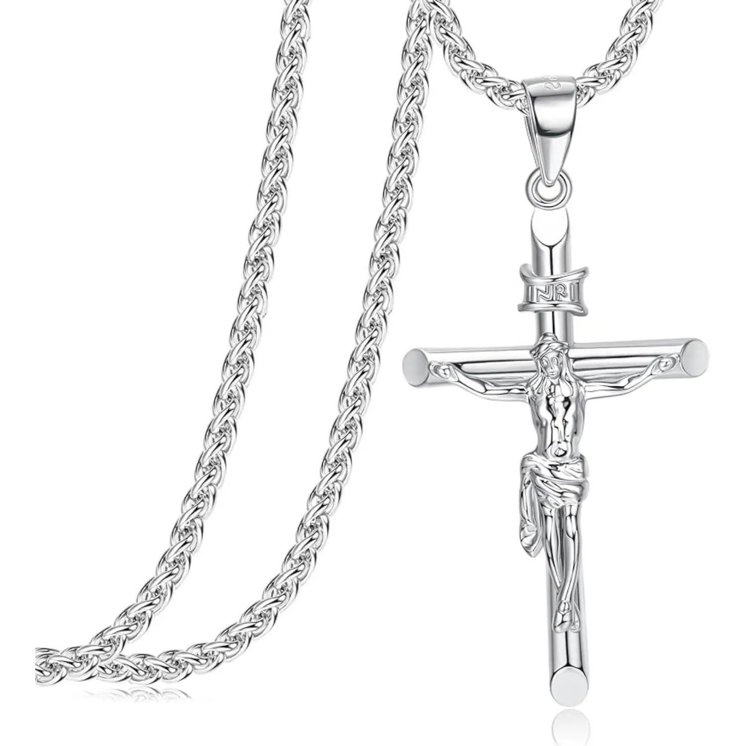 Fansilver Crucifix Necklace for Men Women - Men's Crucifix Pendant Necklace with Stainless Steel Rope Chain Catholic Baptism Jesus Cross Necklace Jewe