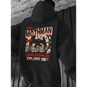 Men's Gothic Horror Mothman Pattern Hoodie - Heavyweight All-Season Soft Breathable Pullover with Unknown Creature Design, Long Sleeve Casual and Outdoor Wear, West Virginia Inspired Halloween Costume Gift for Mothman Fans, Halloween