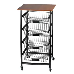 4-Tier Rolling Kitchen Utility Cart with Wood Top & Mesh Baskets - Mobile Storage for Fruits, Vegetables, Pantry, Laundry & More