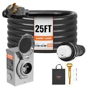 【Summervibes】VEVOR 50 Amp Generator Cord and Power Inlet Box Kit, 25FT, NEMA 14-50P/SS2-50R STW 6/3+8/1 AWG Generator Power Cord with Twist Lock Connector, Pre-Drilled Inlet Box for Generator to House, ETL Listed