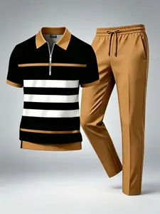 men's 2 piece sets Men's casual suit summer new semi open placket zipper short sleeved fashionable sports outdoor versatile pants men's two-piece set fathersdaygift