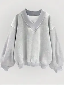 New Autumn Winter V Neck Long Sleeve Letter Print Loose Casual Knit Fashion Sweatshirt Women's Top, Spring & Fall Fitted Style