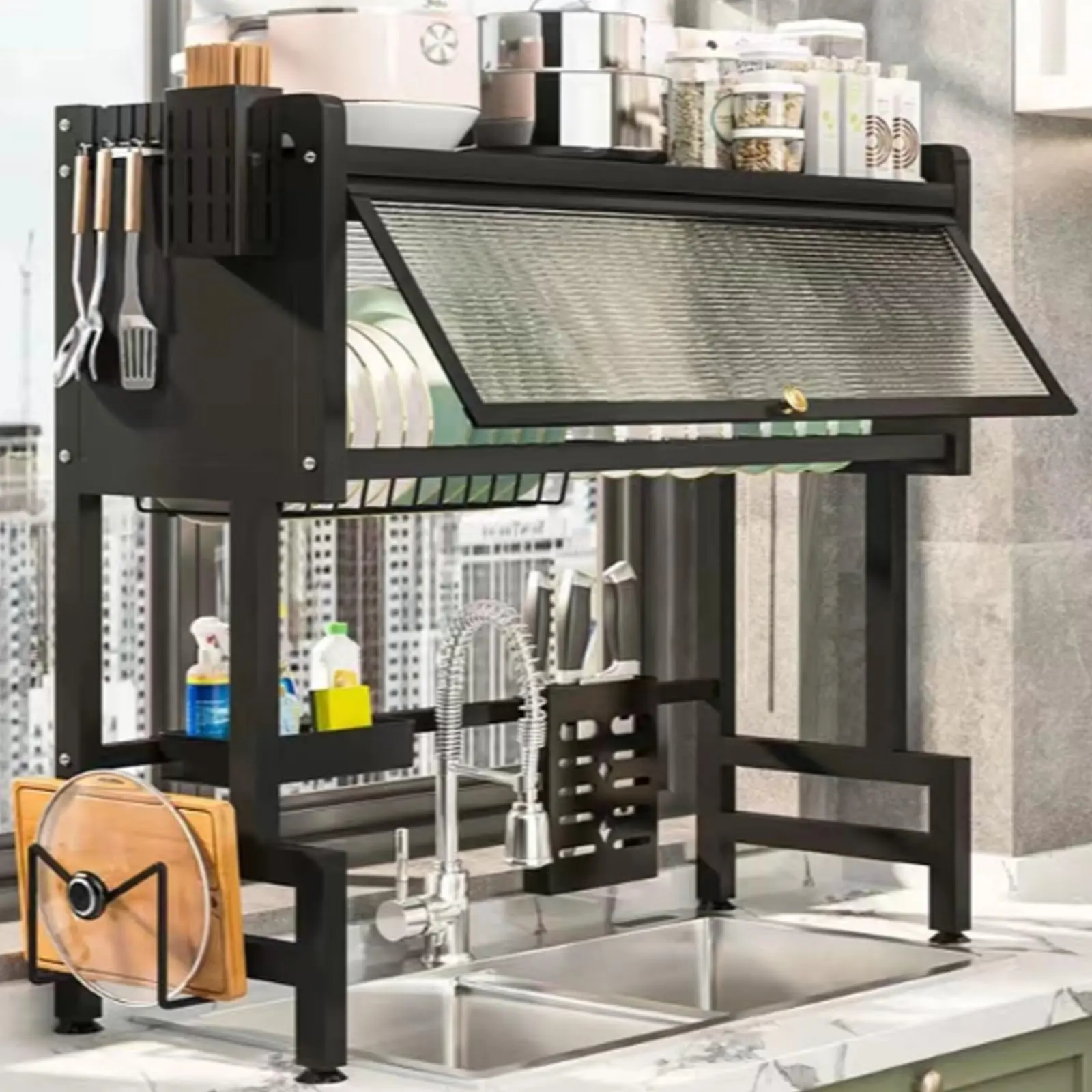 Over The Sink Dish Drainer and Drying Rack for Kitchen, 2-Tier Carbon Steel Metal Dish Drying Rack with Lid, Large Capacity Dish Drain Shelf Sink Organization Cabinet Organiser