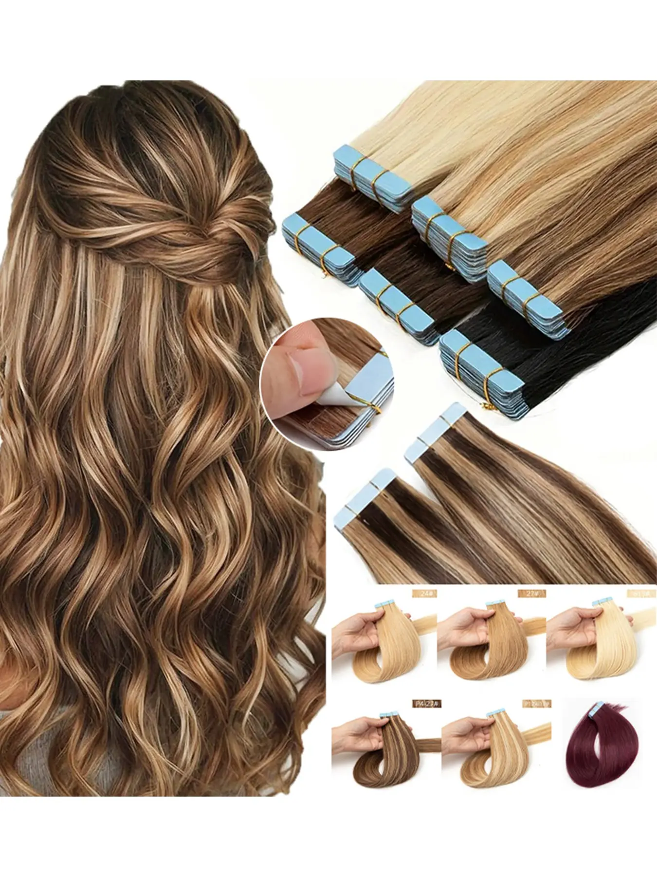 Tape in Real Human Hair Extensions Straight Blonde, Skin Weft Adhesive Tape for Women, Salon Quality Add Length & Volume
