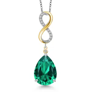 Gem Stone King 925 Silver and 10K Yellow Gold Green Nano Emerald and White Lab Grown Diamond Pendant Necklace for Women | 8.27 Cttw | Gemstone May Birthstone | Pear Shape 16X12MM | With 18 Inch Chain