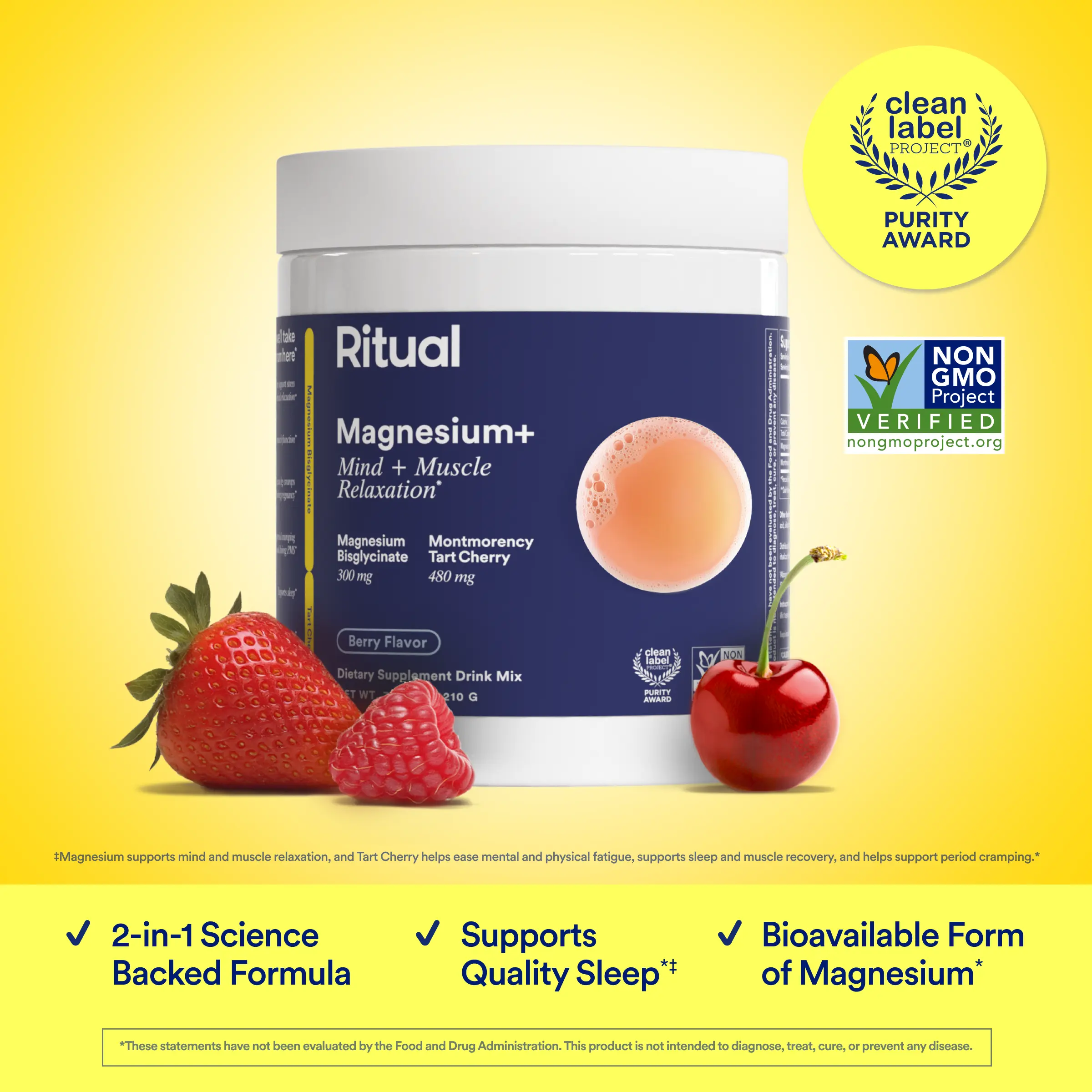 Ritual Magnesium+ Drink Mix Supplement with Tart Cherry - 30 Servings, 300mg Magnesium Bisglycinate & 480mg Montmorency Tart Cherry, Sugar-Free Berry Flavor Dietary Fitness