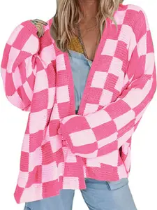 Women's Plaid Drop Shoulder Cardigan, Casual Long Sleeve Knit Sweater for Fall & Winter, Daily Wear Fashion for Women Knitwear