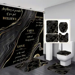 Letter & Black Marble Pattern Summer Bathroom Restroom Set, 4 Counts/set Including Non-slip Bath Mat, Toilet Lid Mat, U-shaped Commode Contour Rug & Waterproof Shower Curtain with Hook, Home Goods, Bathroom Decor And Accessories