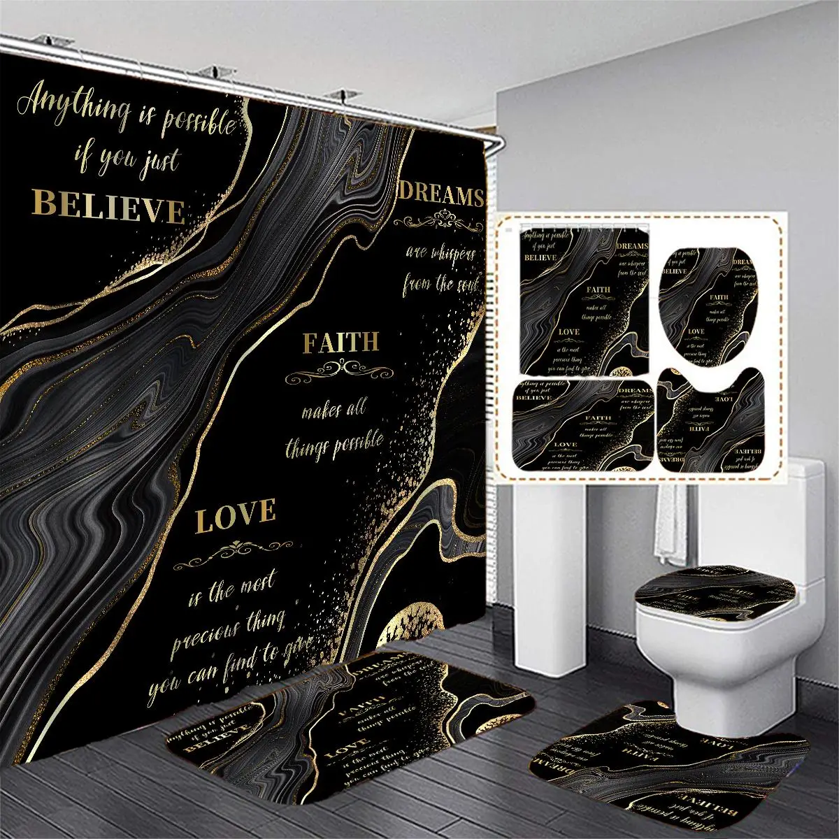 Letter & Black Marble Pattern Summer Bathroom Set, 4 Counts/set Including Non-slip Bath Mat, Toilet Lid Mat, U-shaped Commode Contour Rug & Shower Cur
