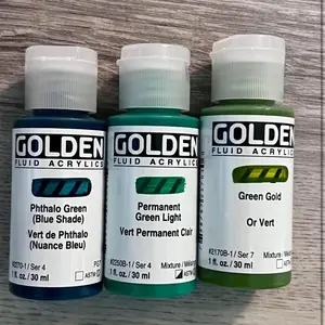 Golden Brand Lot of 10 Golden Fluid Acrylic Paints 1 oz Each Titanium White Pyrrole Orange Red Quinacridone Magenta Primary Cyan Turquoise Anthraquinone Blue Phthalo Green Permanent Green Light Green Gold