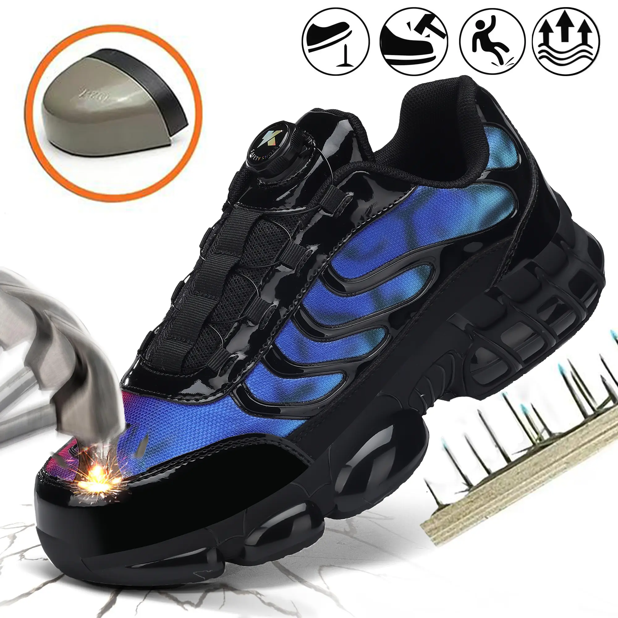 Steel Toe Shoes for Men ASTM F2413-18 Standard Kevlar Midsole Breathable Anti-smash PunctureProof Lightweight Work Safety Sneakers with Memory Insoles & Anti-slip Grooves - safety shoes with rotary buckle tightening