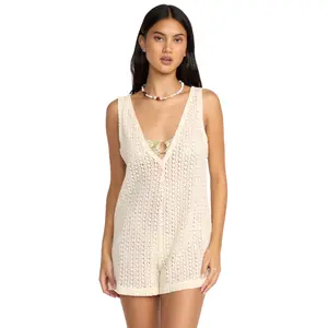 BILLABONG Women's Steller Time Knit Romper, 100% Cotton Faux Crochet V Neck Loose, Casual Beach Cover Up