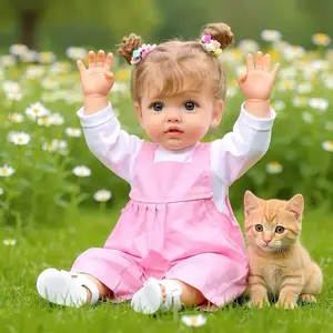 20 Inch American Girl Style Baby Doll – Awake With Rooted Brown Hair Bun, Blue Eyes, White Top & Pink Overalls, All-Vinyl, Full Accessories Included