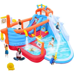 9-in-1 Inflatable Water Park for Kids, Outdoor Stuff for Kids, Dual Slides, Dual Water Guns, Climbing Wall, Basketball Hoop, Ring Toss, Dry & Wet Backyard Bounce House