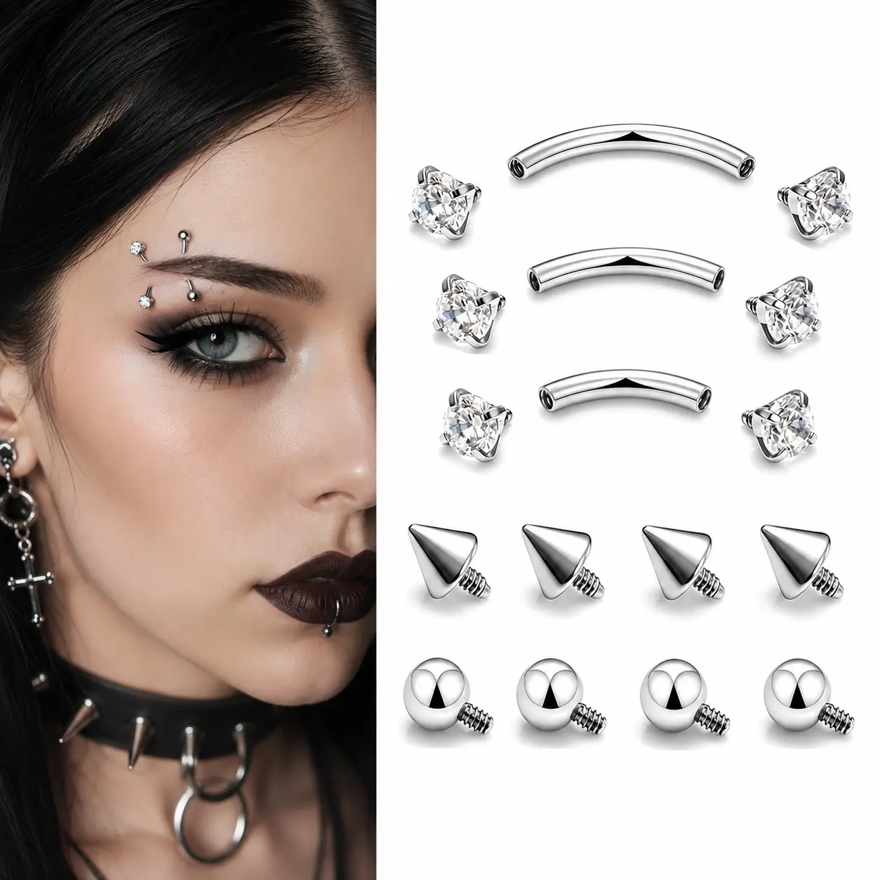 Eyebrow Piercing Jewelry Set Surgical Steel Internal Thread Curved Barbell Tiny Eyebrow Ring Vertical Labret Lip Jewelry Ear Rook Small Belly Button Ring for Women Men 16g 6mm/8mm/10mm